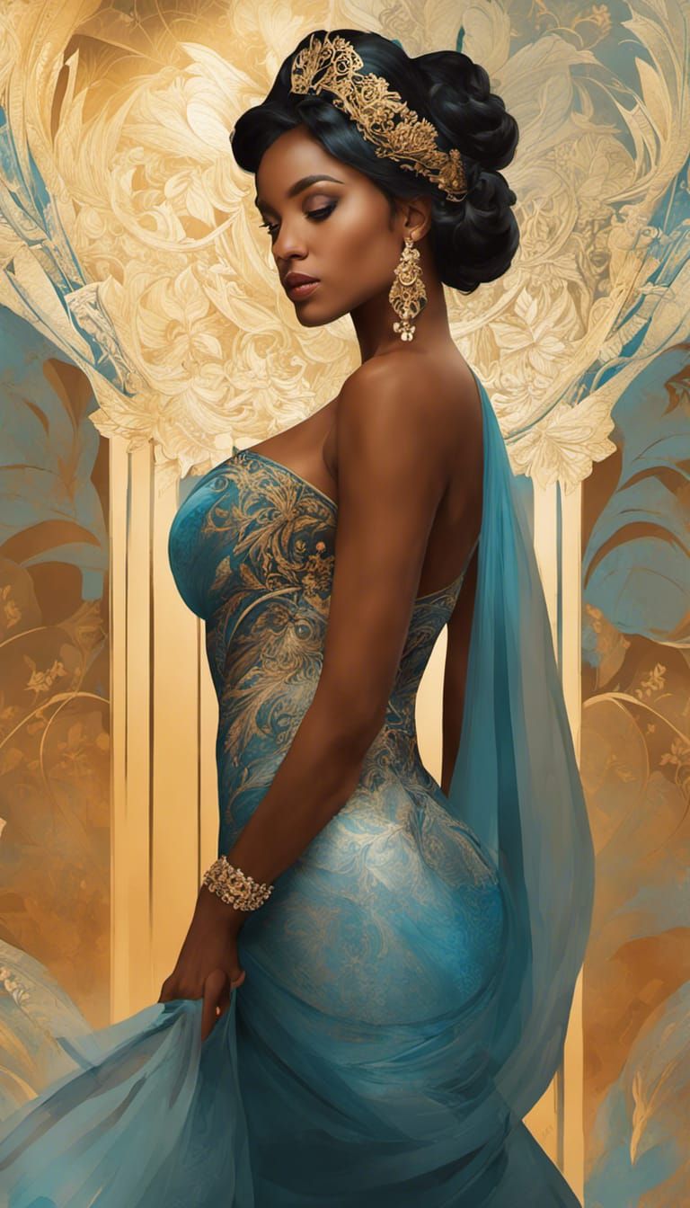 Gorgeous Ebony Angel in Celestial Dress: Digital Art