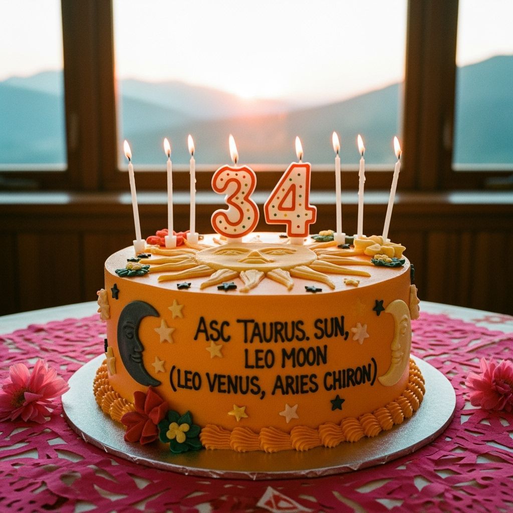 Birthday Cake with 34 Candles and Celestial Decorations