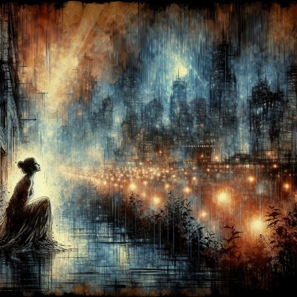 A Woman's Solace in Urban Stormy Night