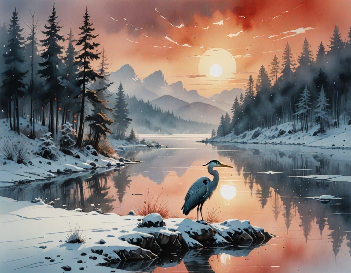 Heron on Frozen Lake at Dawn: Digital Matte Painting