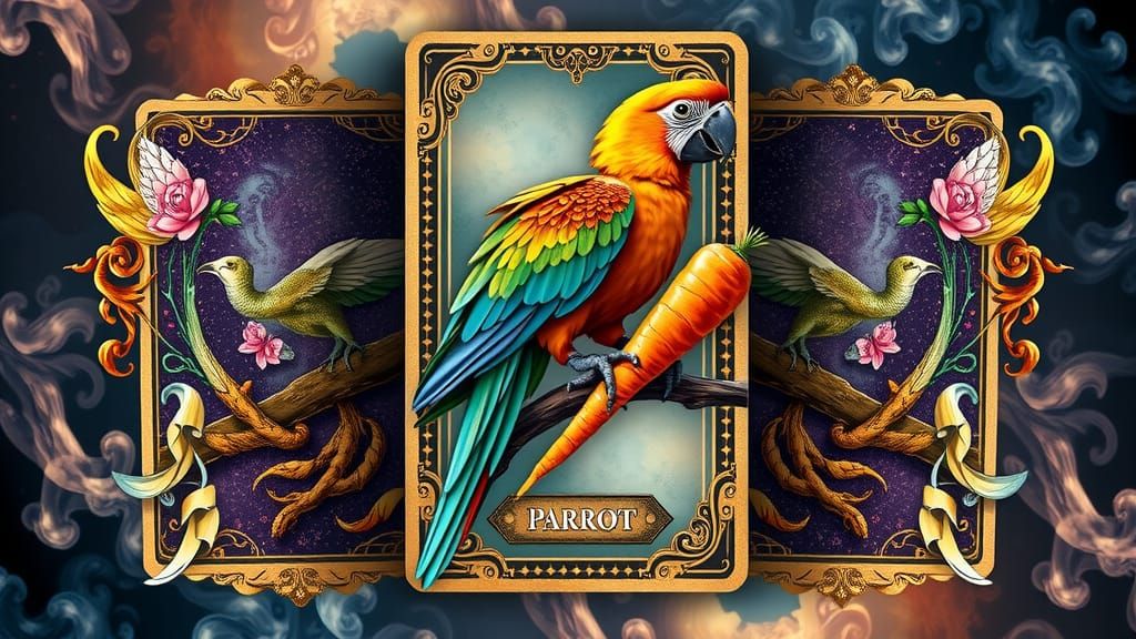 Parrot Tarot Cards in Victorian Surrealist Style