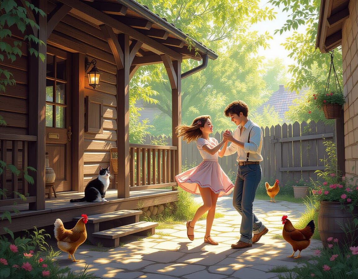 Children Dancing in Rustic Courtyard with Cat and Chickens