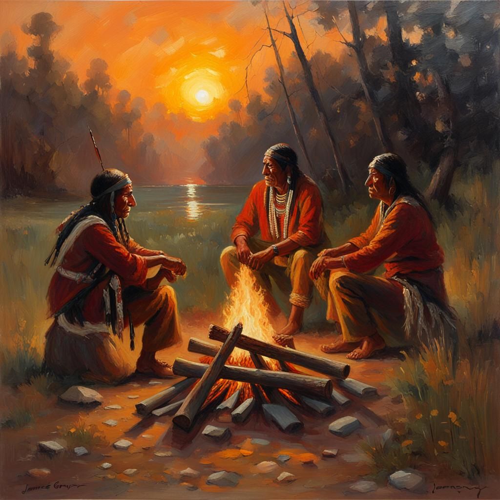 Native Americans at Sunset Campfire: Oil Painting