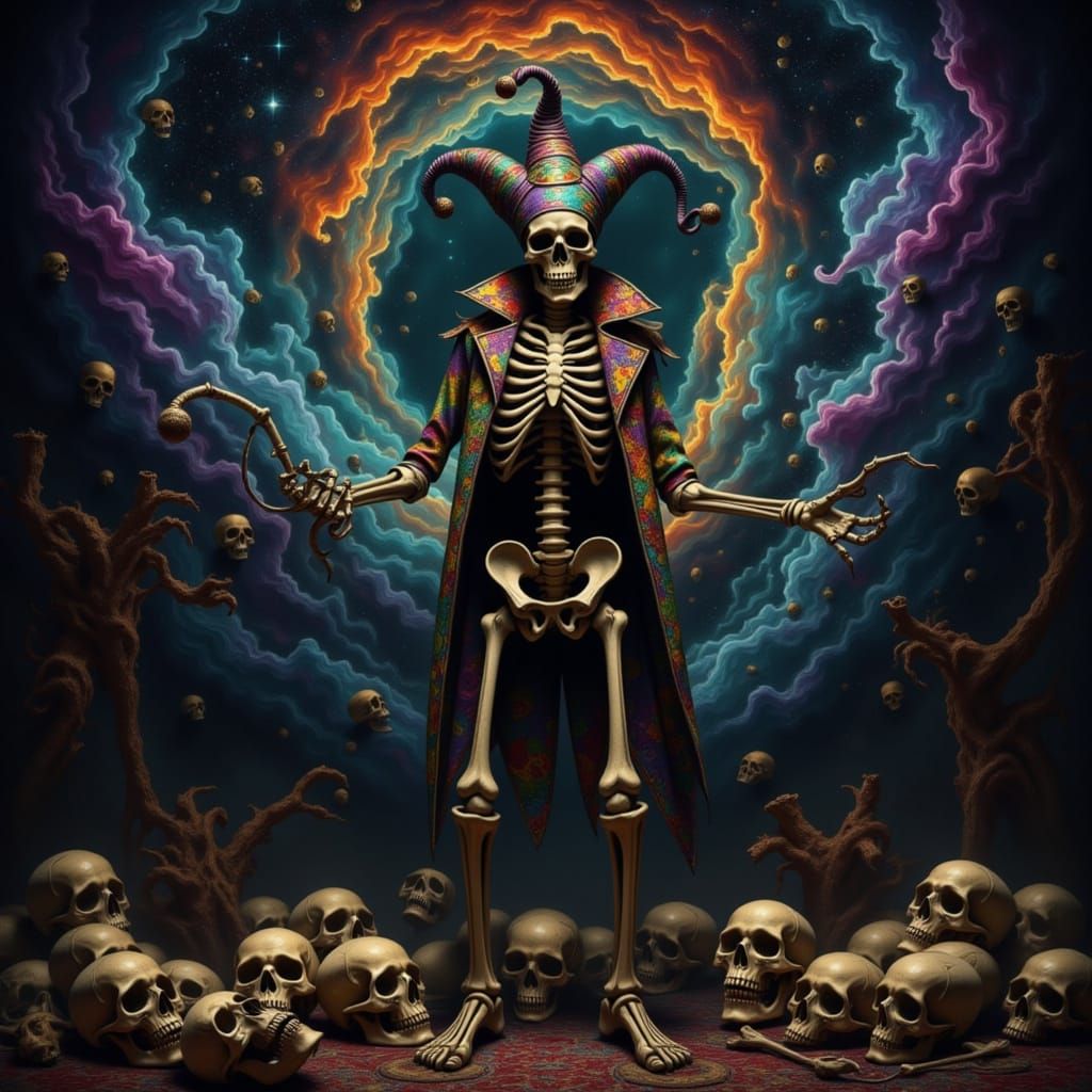 Skeletal Jester Performs Danse Macabre Amidst Galaxy