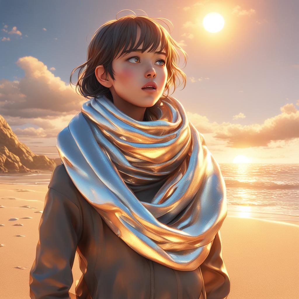 Anime Girl Burping on Beach at Sunset