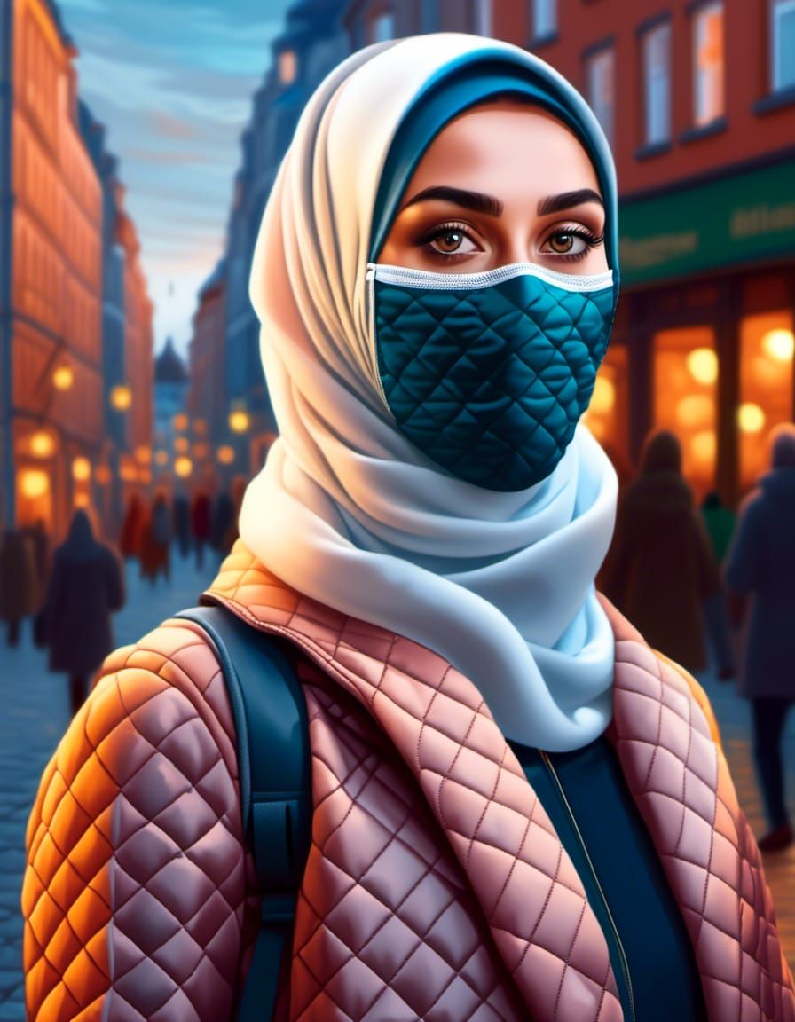 Young Woman in Hijab and Facemask, Oil Painting
