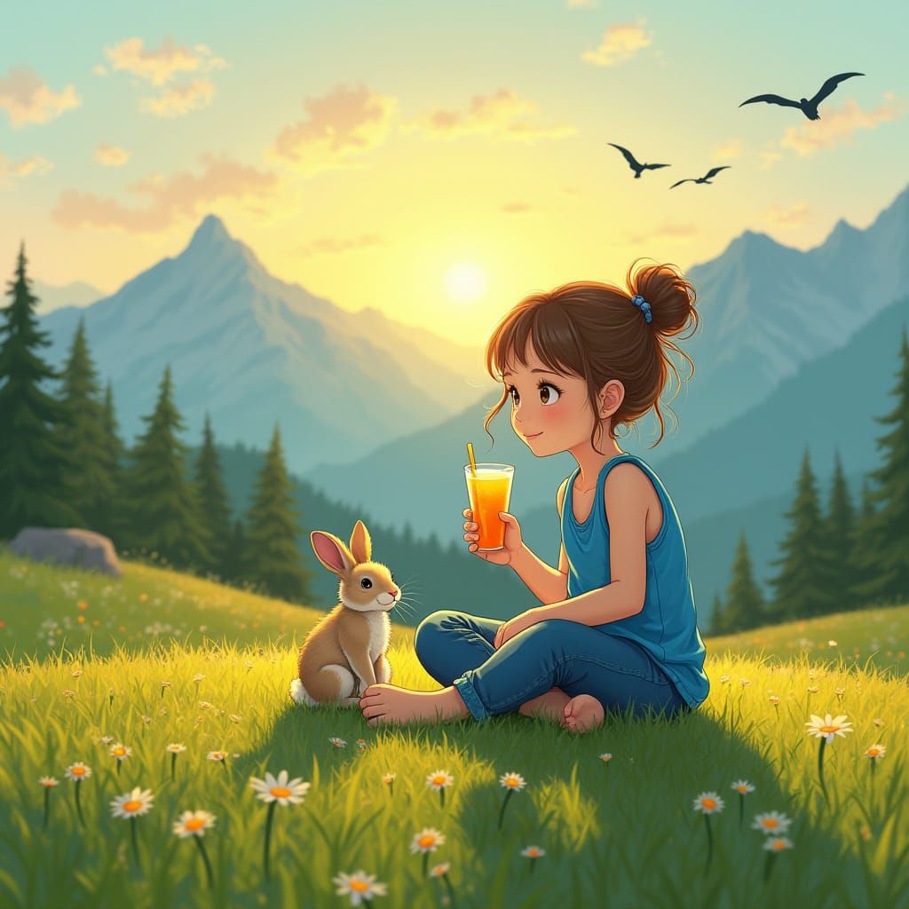 Girl in Sunset Paradise with Mountain View and Bunny