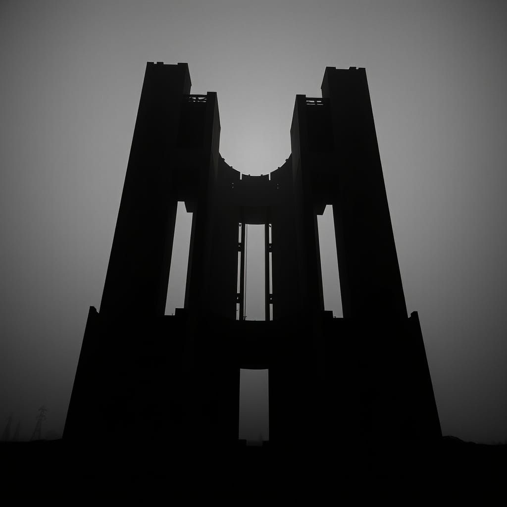 Surreal Black Brutalist Megastructure in a Desolate Landscap...