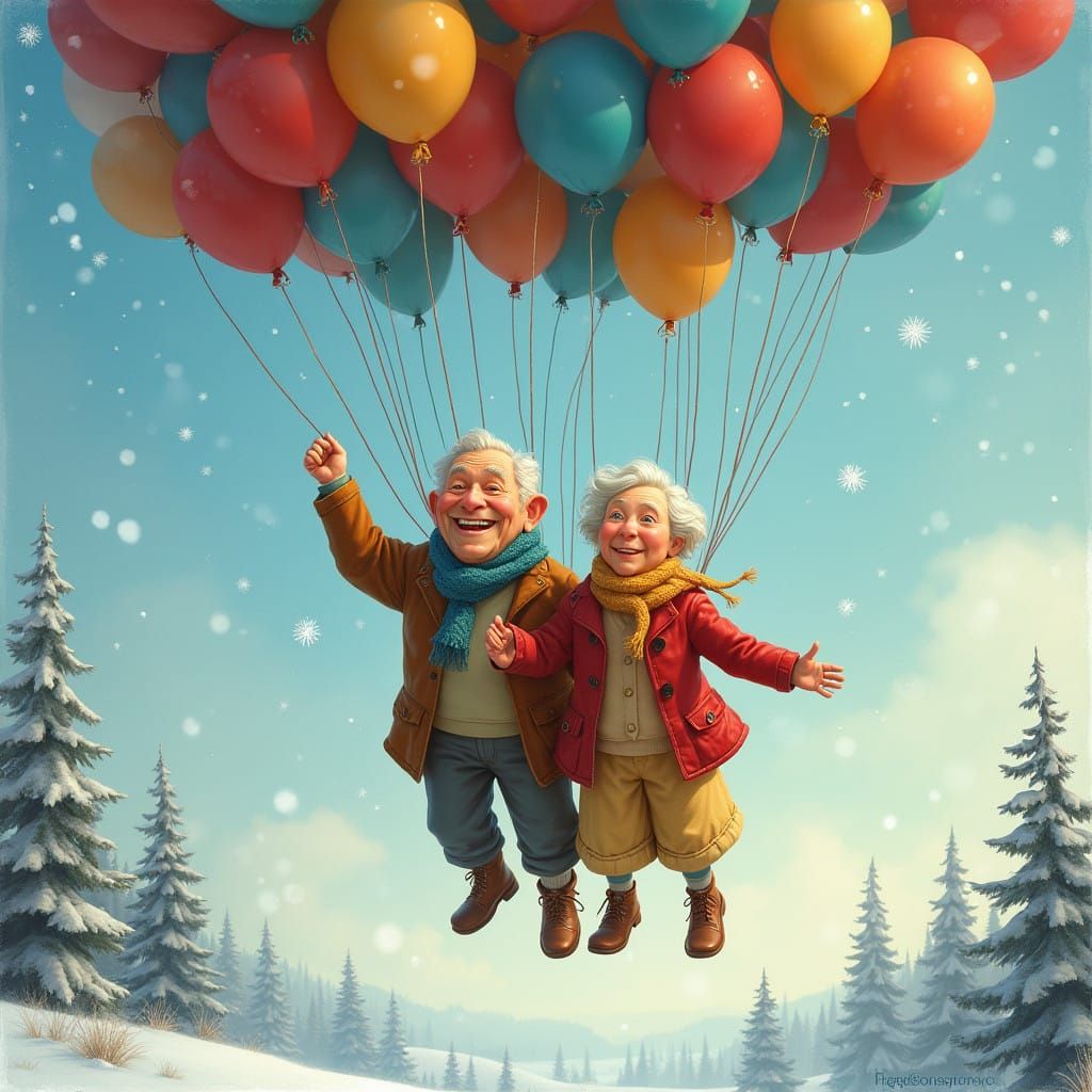 Magical Elderly Couple Rises with Vibrant Balloons in Winter...