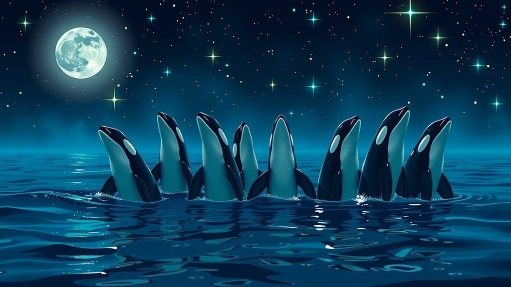 Ethereal Orca Chorus Line Under Celestial Tapestry