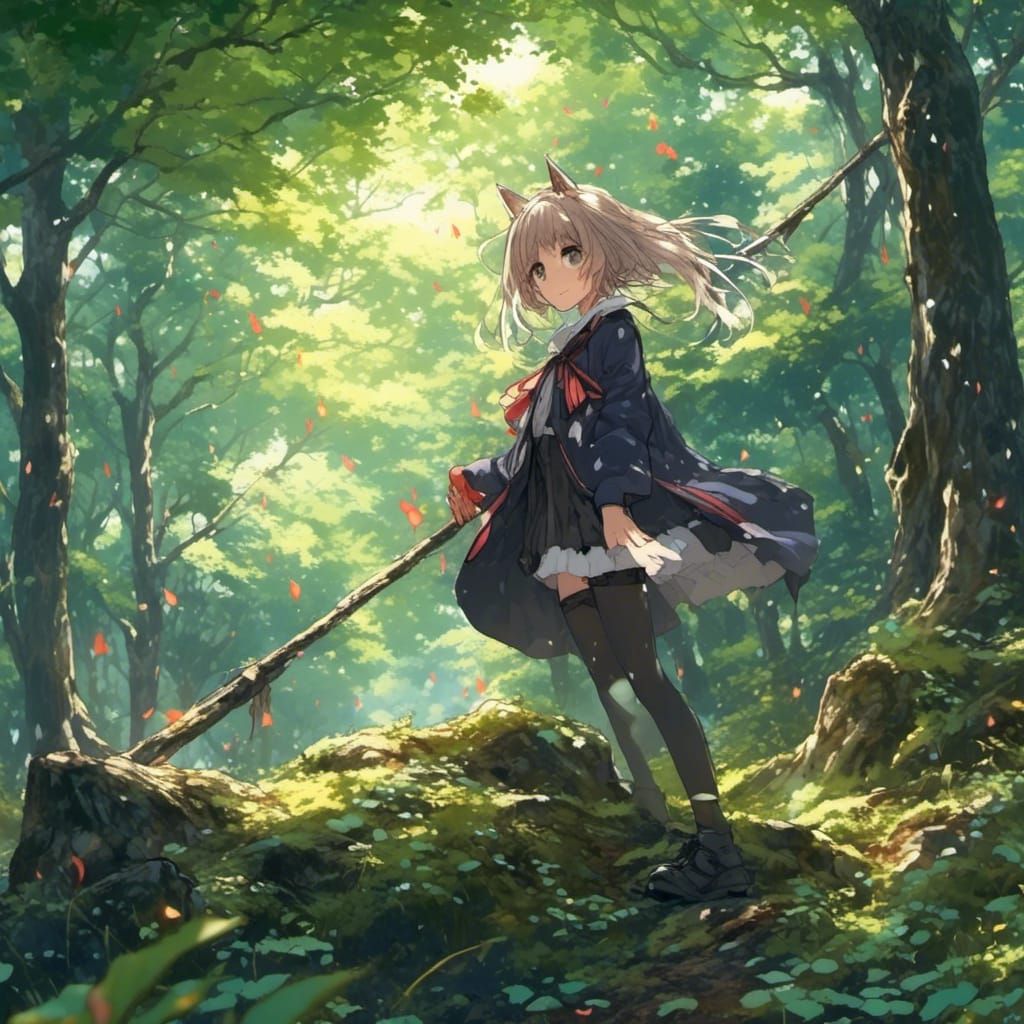 Anime Witch on Broom in Forest
