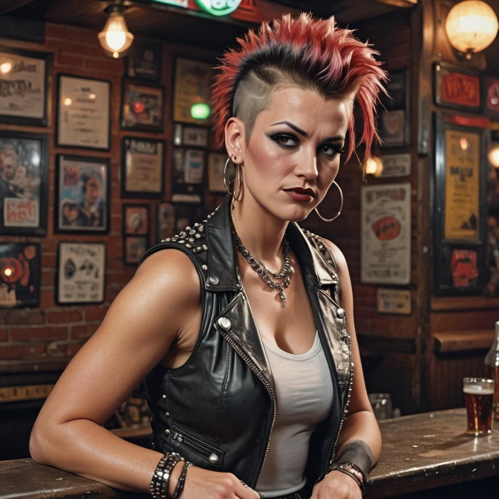 Punk Woman in Dive Bar, Hyperrealistic Digital Art