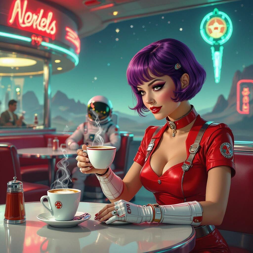 Martian Diner Scene in Retro-Futuristic Style
