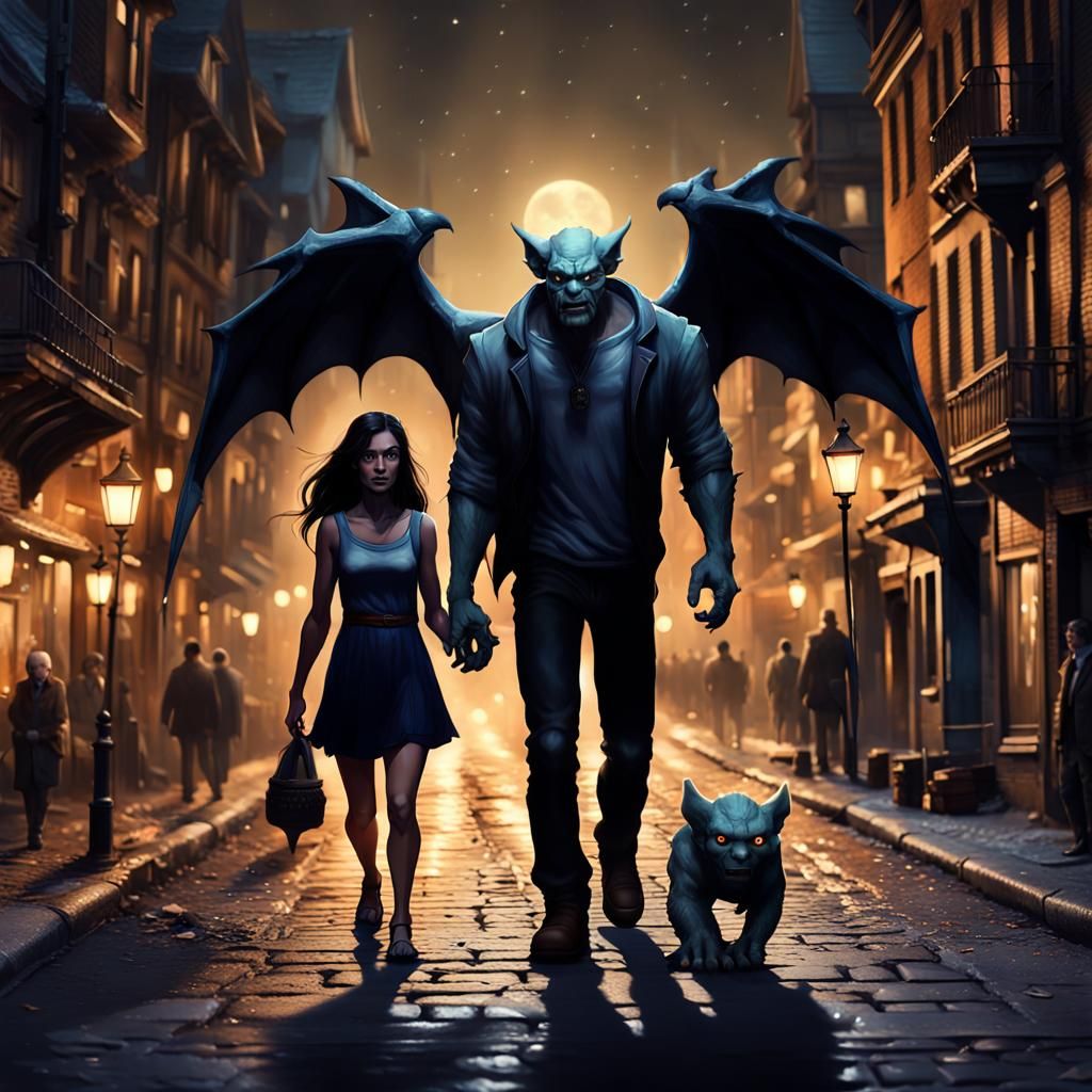 Woman and Gargoyle Stroll City Street, Hyperrealism