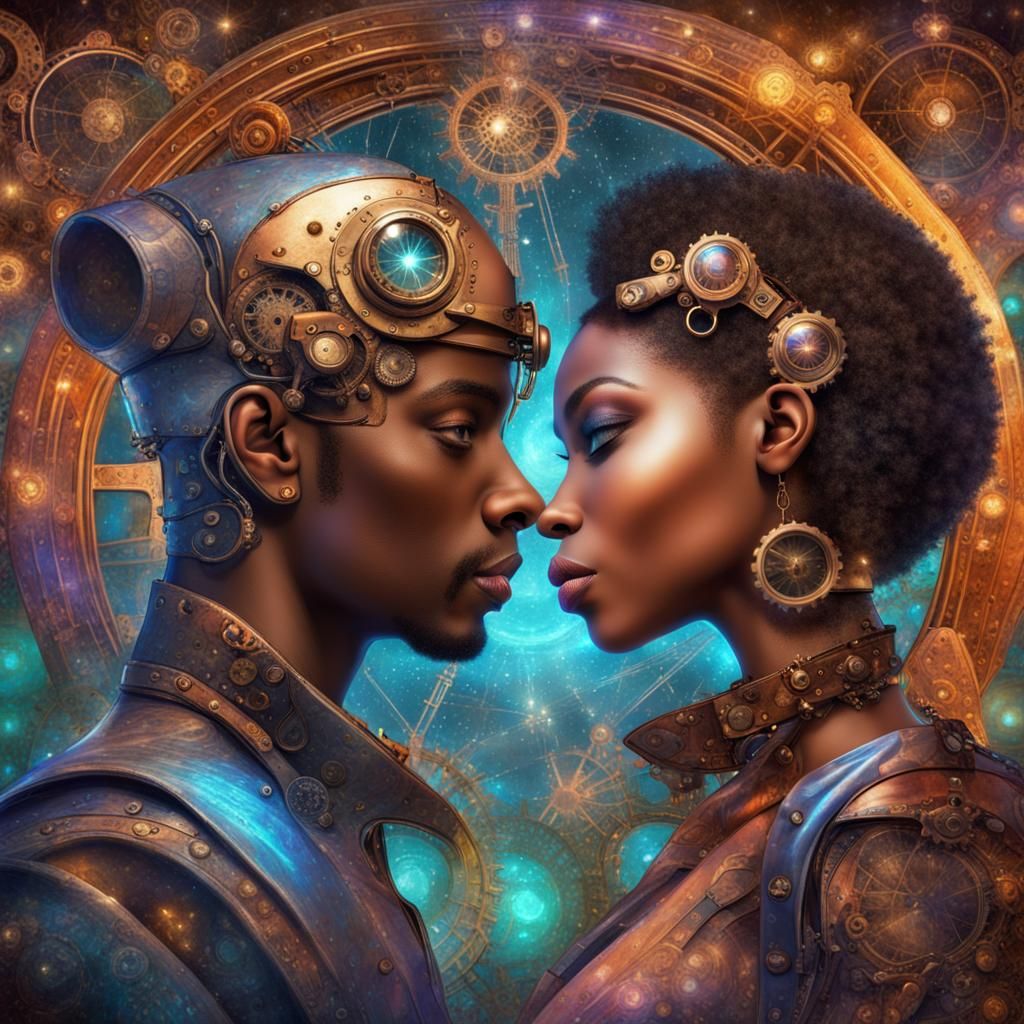 Steampunk Couple Staring: Holographic Astral Illustration