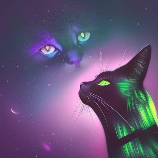 Beautiful black cat with purple eyes with Aurora borealis background& magical vibes& witch familiar vibes& Beautiful vib...
