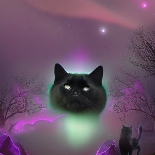 Beautiful black cat with purple eyes with Aurora borealis background& magical vibes& witch familiar vibes& Beautiful vib...