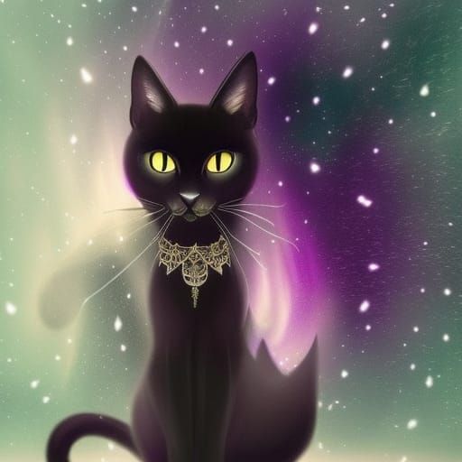 Beautiful black cat with purple eyes with Aurora borealis background& magical vibes& witch familiar vibes& Beautiful vib...