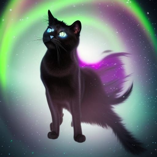 Beautiful black cat with purple eyes with Aurora borealis background& magical vibes& witch familiar vibes& Beautiful vib...