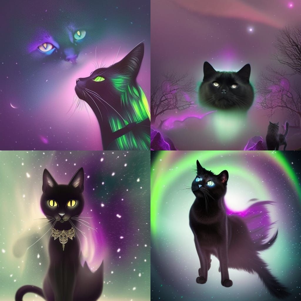 Beautiful black cat with purple eyes with Aurora borealis background& magical vibes& witch familiar vibes& Beautiful vib...