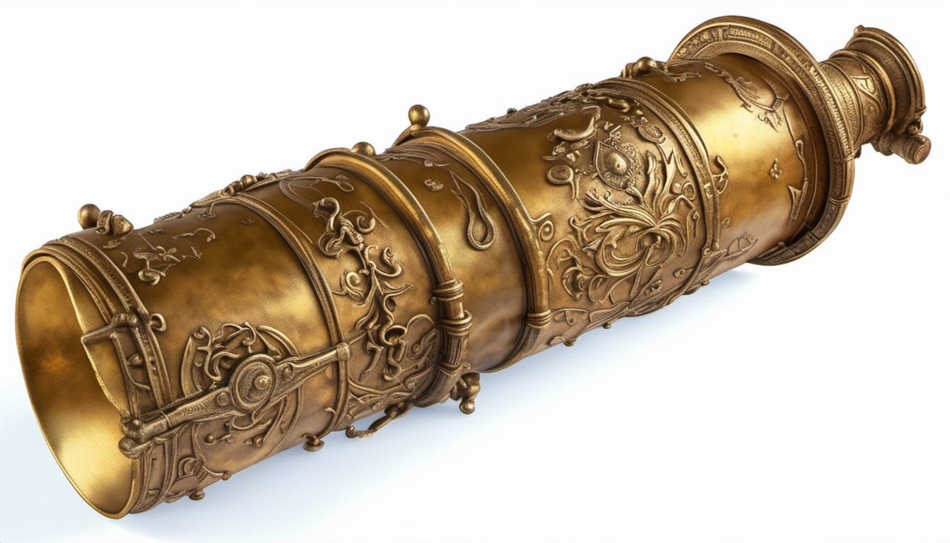 Medieval Brass Telescope on Wooden Table, Hyperrealistic Pho...