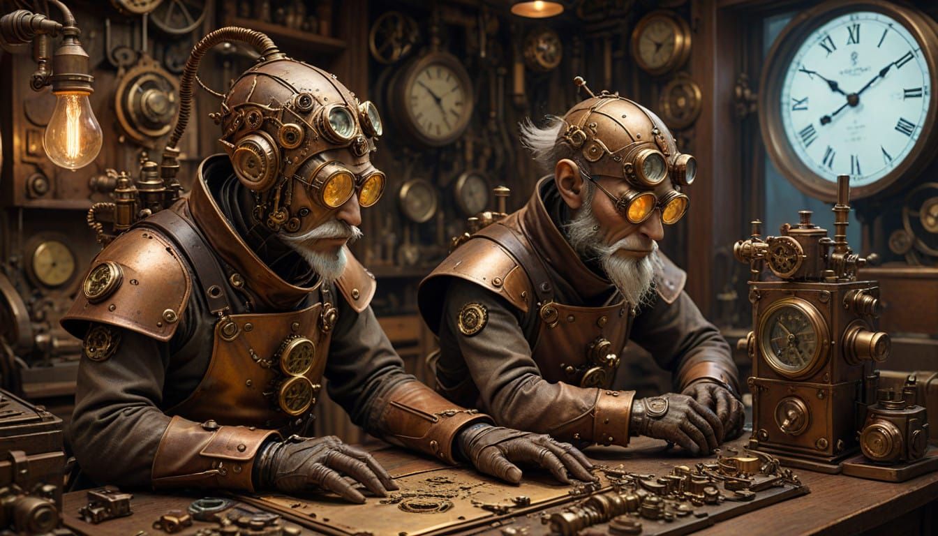 Steampunk Watchmakers in Warm-Toned Workbench Setting
