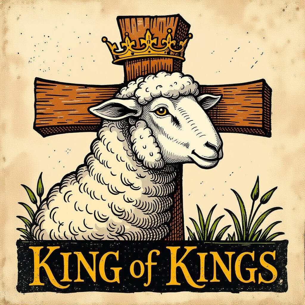 Old School Hand Drawn Sheep Head with Vintage Cross