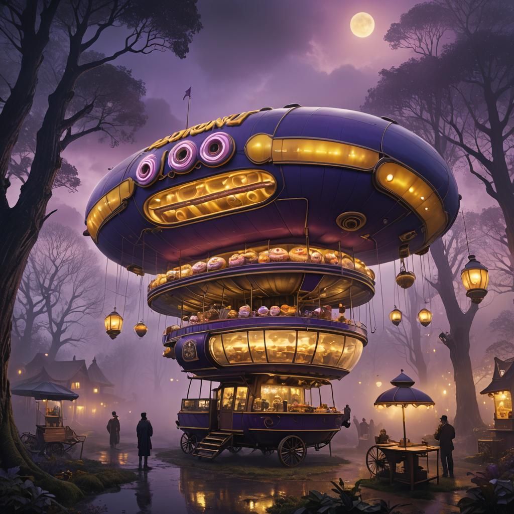 Fantasy Donut Shop Airship in Dark Fantasy Style