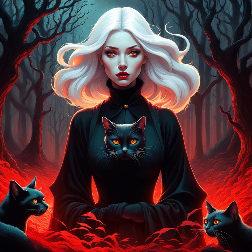 Eerie Gothic Witch with Black Cat, Digital Art