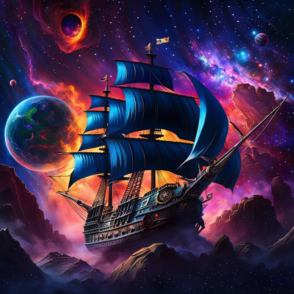 Pirate Ship Soaring Through Space Nebula