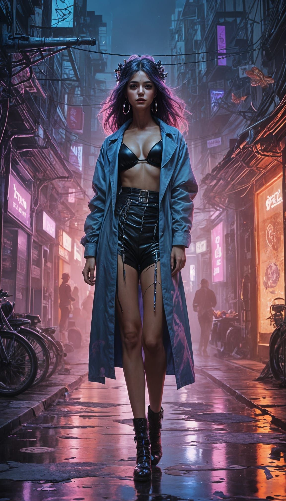 Boho-Gothic Woman in Neon Alleyway, Digital Artwork