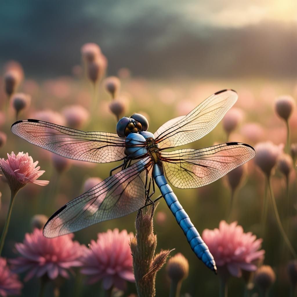 Dragonfly in Flower Field: Cinematic Digital Art