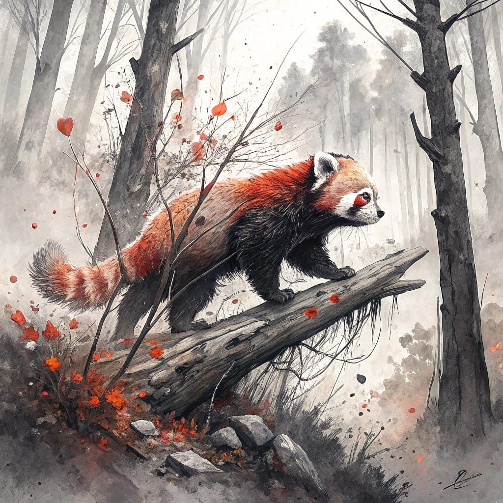 Red Panda in Misty Forest Grove, Mixed-Media Illustration