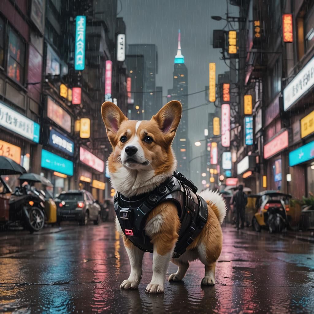 Corgi Sci-Fi Hero in Cyberpunk Cityscape