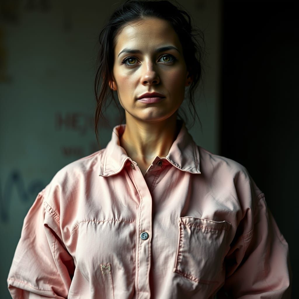 A Resilient Woman in Faded Pink Prison Uniform