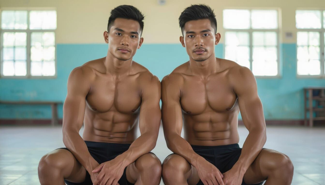 Muscular Young Men Hugging in School Locker Room