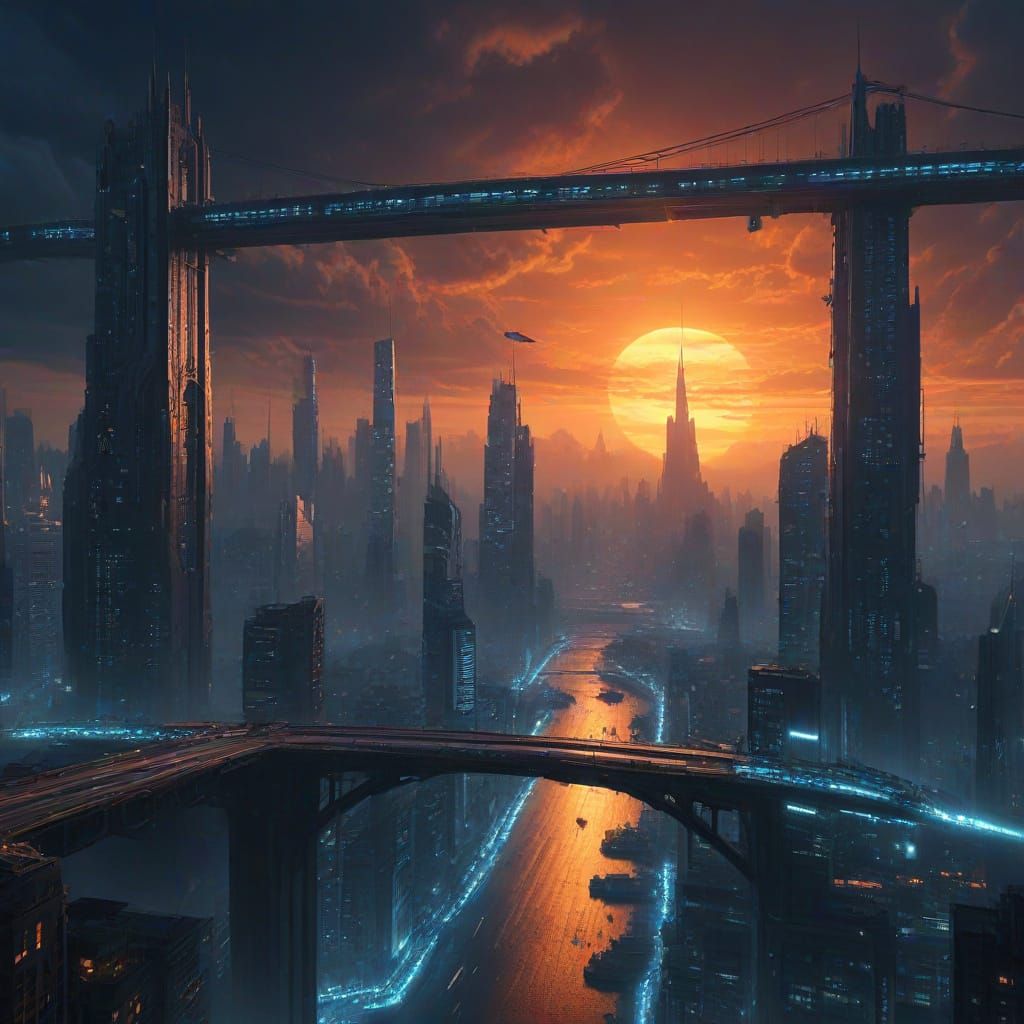 Floating Cyberpunk Metropolis at Sunset