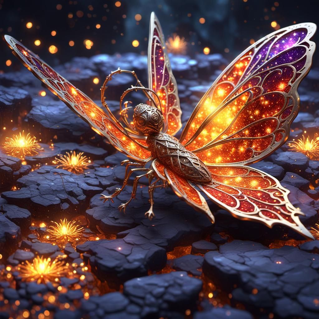 Beautiful fantasy world red orange yellow gold and glimmering shimmering silver fairy dust sparkles