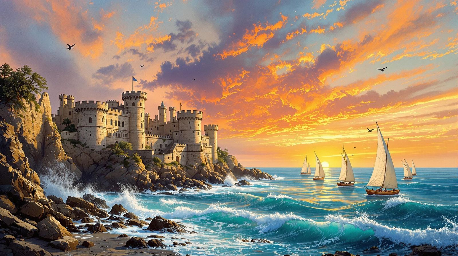 Ancient Castle Dominates Turquoise Coastline in Vibrant Suns...
