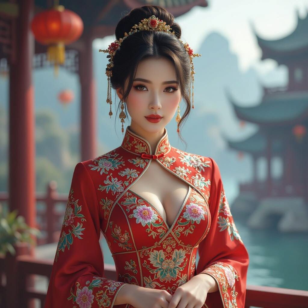 Chinese Woman in Ornate Cheongsam, Fantastical Oriental Sett...