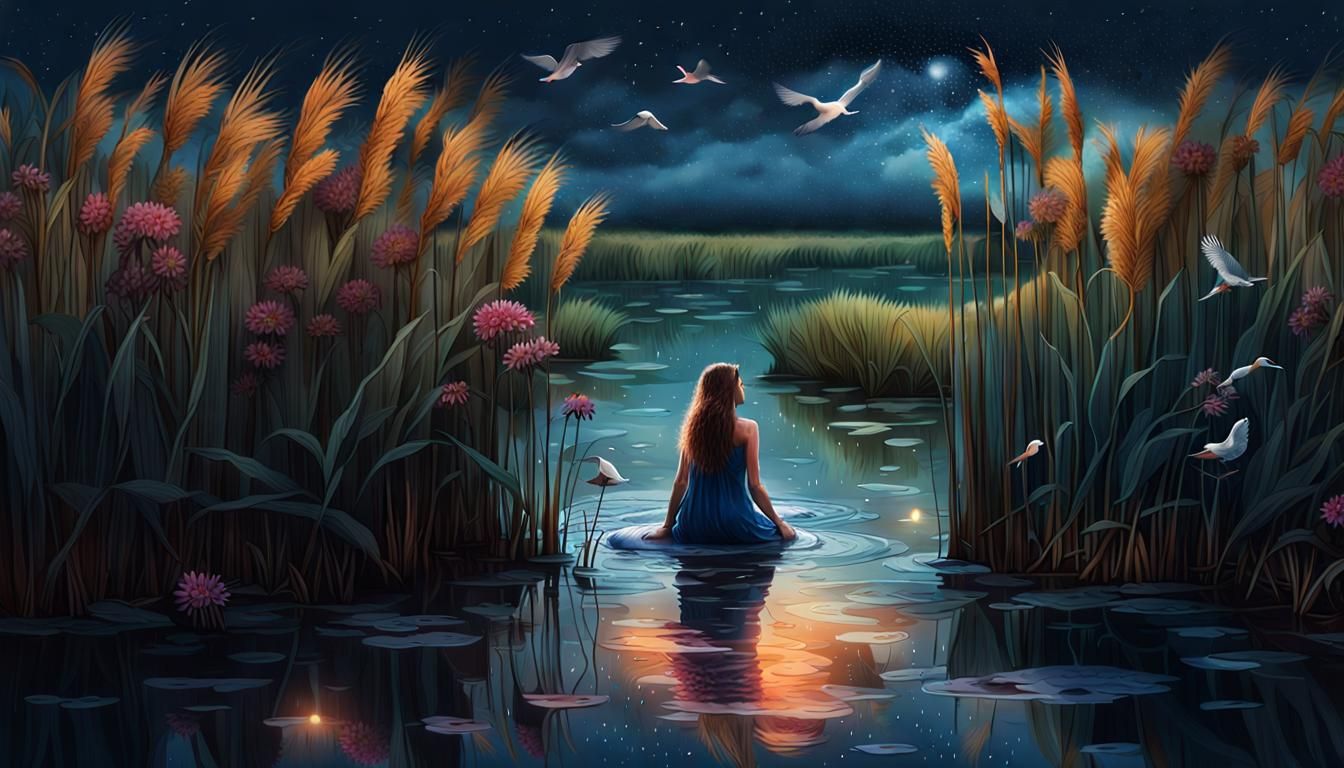 Lonely Woman Night Swimming in River Scene