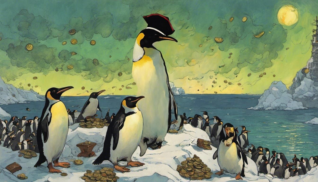 16k resolution, art by Howard Pyle, an emperor penguin, faci...