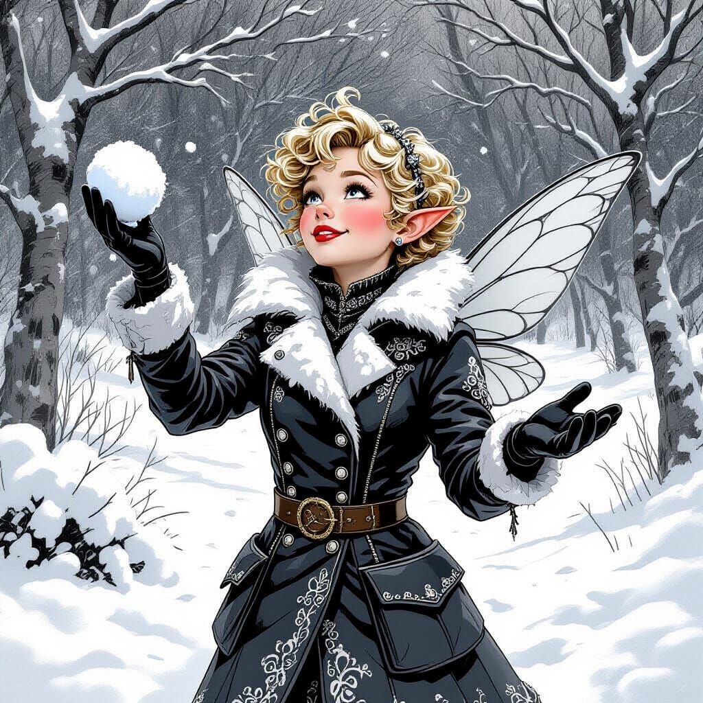 Young Fairy Throws Snowball in Grayscale Woodland