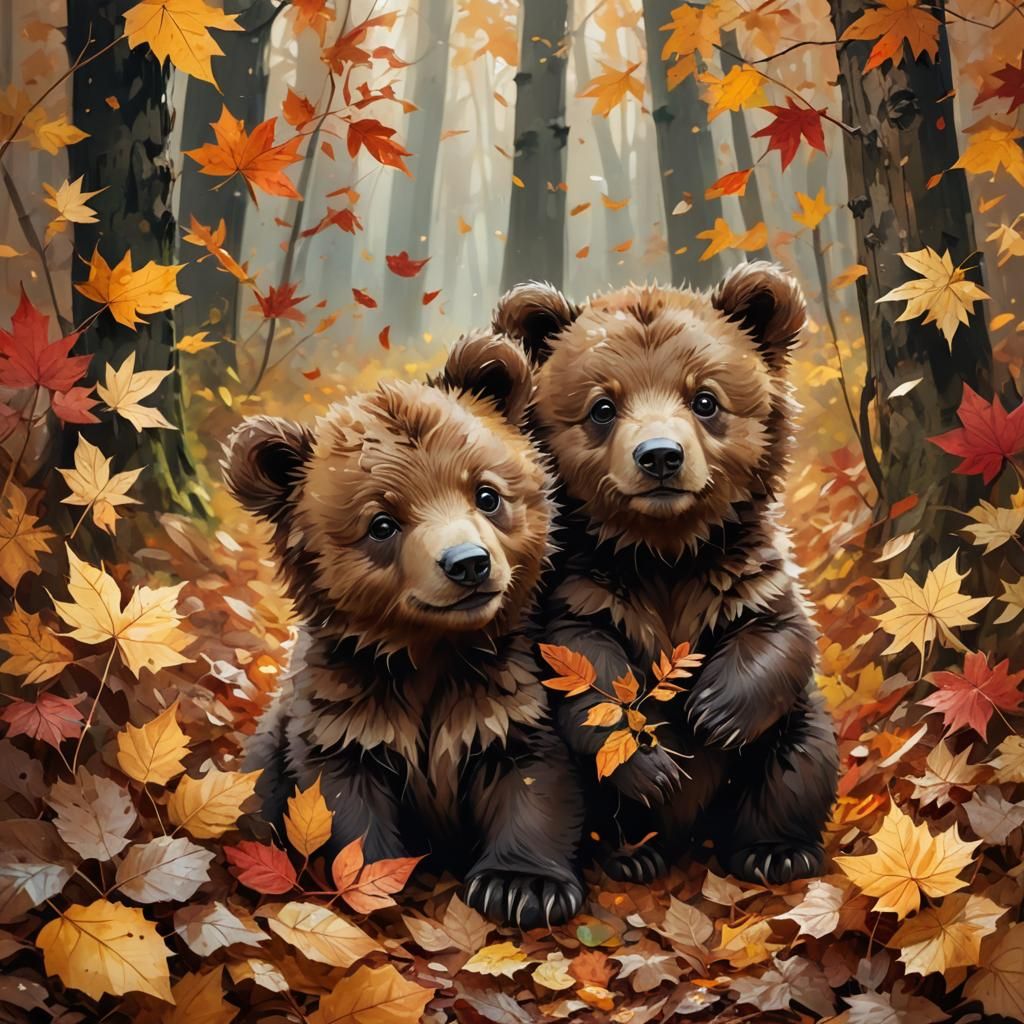 Cute Bear Cubs in Autumn Leaves, Detailed Oil Painting