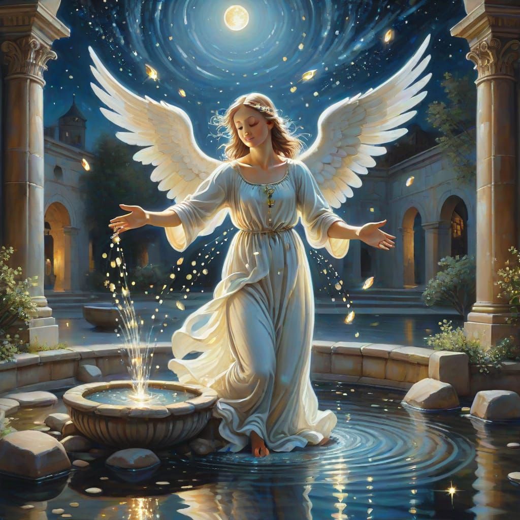 Magical Moonlit Fountain with Angel in Surreal Style