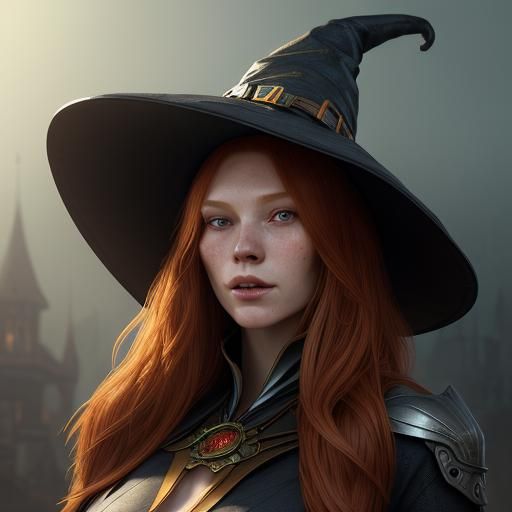 Ginger Woman with Witch Hat, Detailed Digital Art