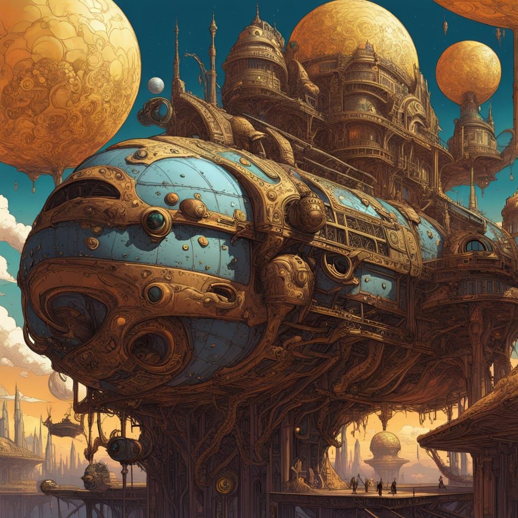 Steampunk Airship in Moebius-Style Sci-Fi Scene