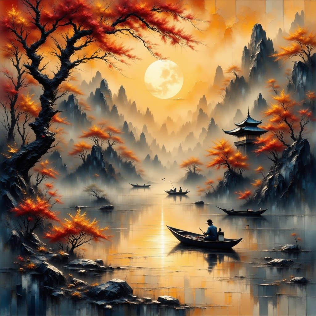 Misty Mountains at Sunset with Fisherman