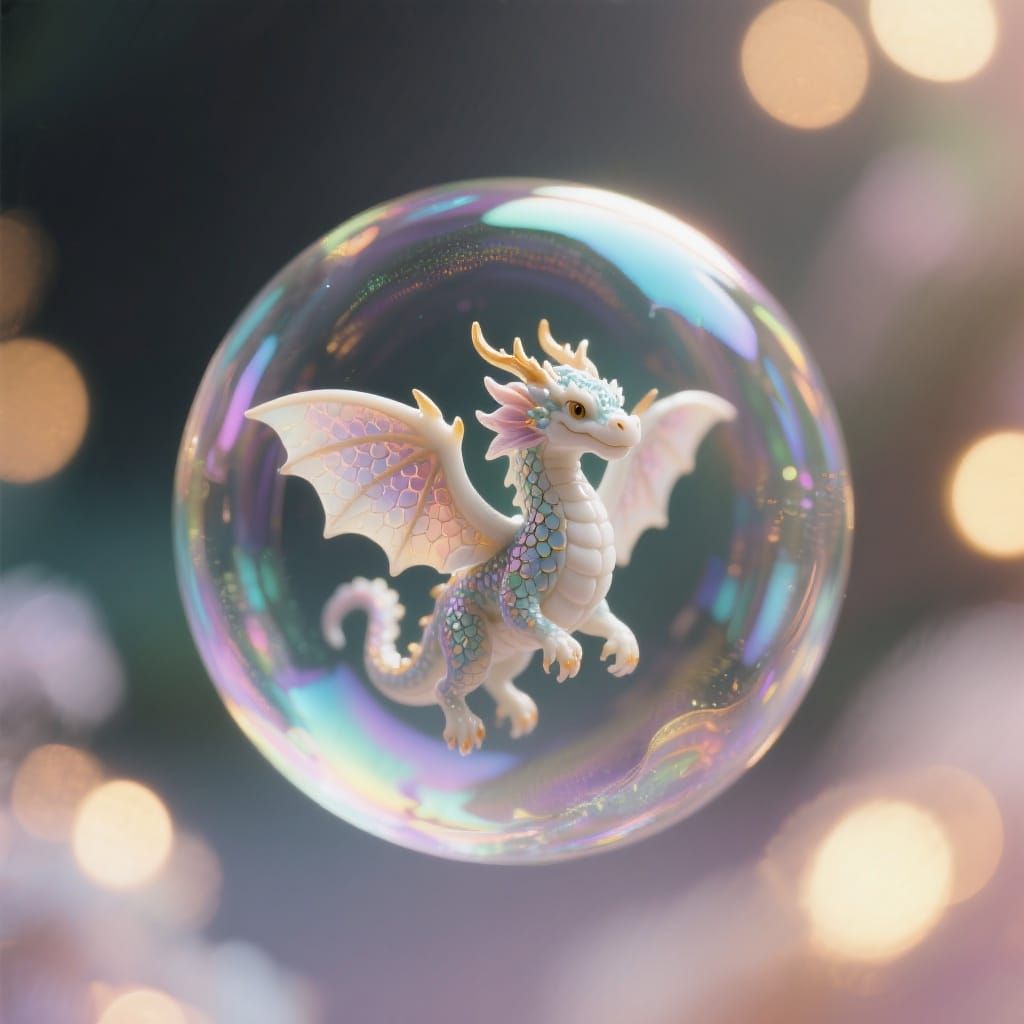 Iridescent Porcelain Dragon in a Shimmering Bubble