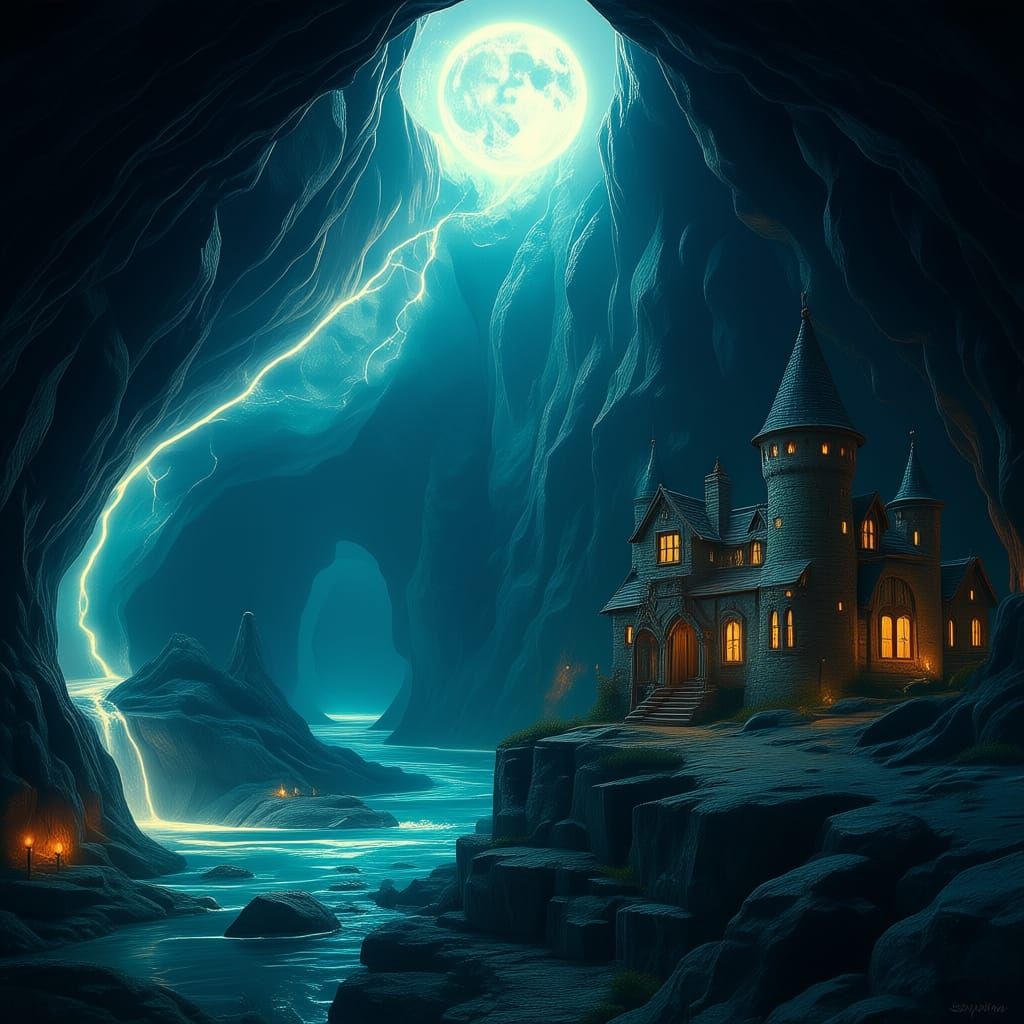 Enchanted Underground Cavern with River and Cottage